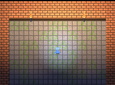 A pixel-art room from a tilemap, lit by two flickering torches, with embers rising and a hooded figure idling