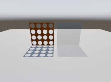A cutout lattice and a glass pane casting shadows under a moving sun