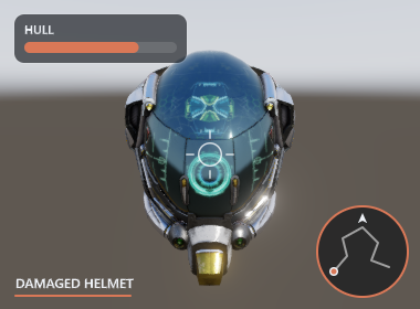 A HUD of panels, a health bar, a minimap and a crosshair over the orbiting helmet